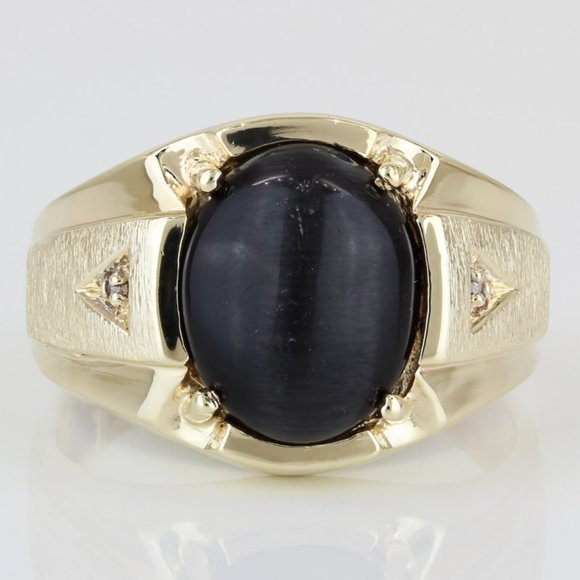 Vintage 10KYG Black Cat's Eye Sapphire + Diamond Statement Ring